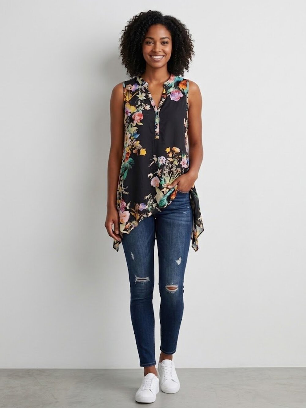 Spense Vibrant Floral Handkerchief Hem Sleeveless Top M V-Neck Sharkbite Tunic